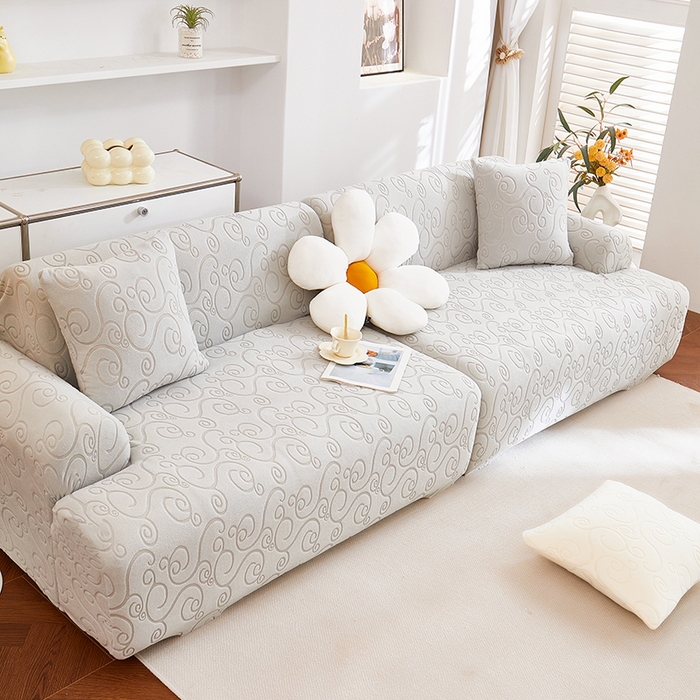 91家纺网 家纺一手货源 找家纺 丝绮鹿 2025新款雕花绒沙发套年华（直排松紧款） 浅灰