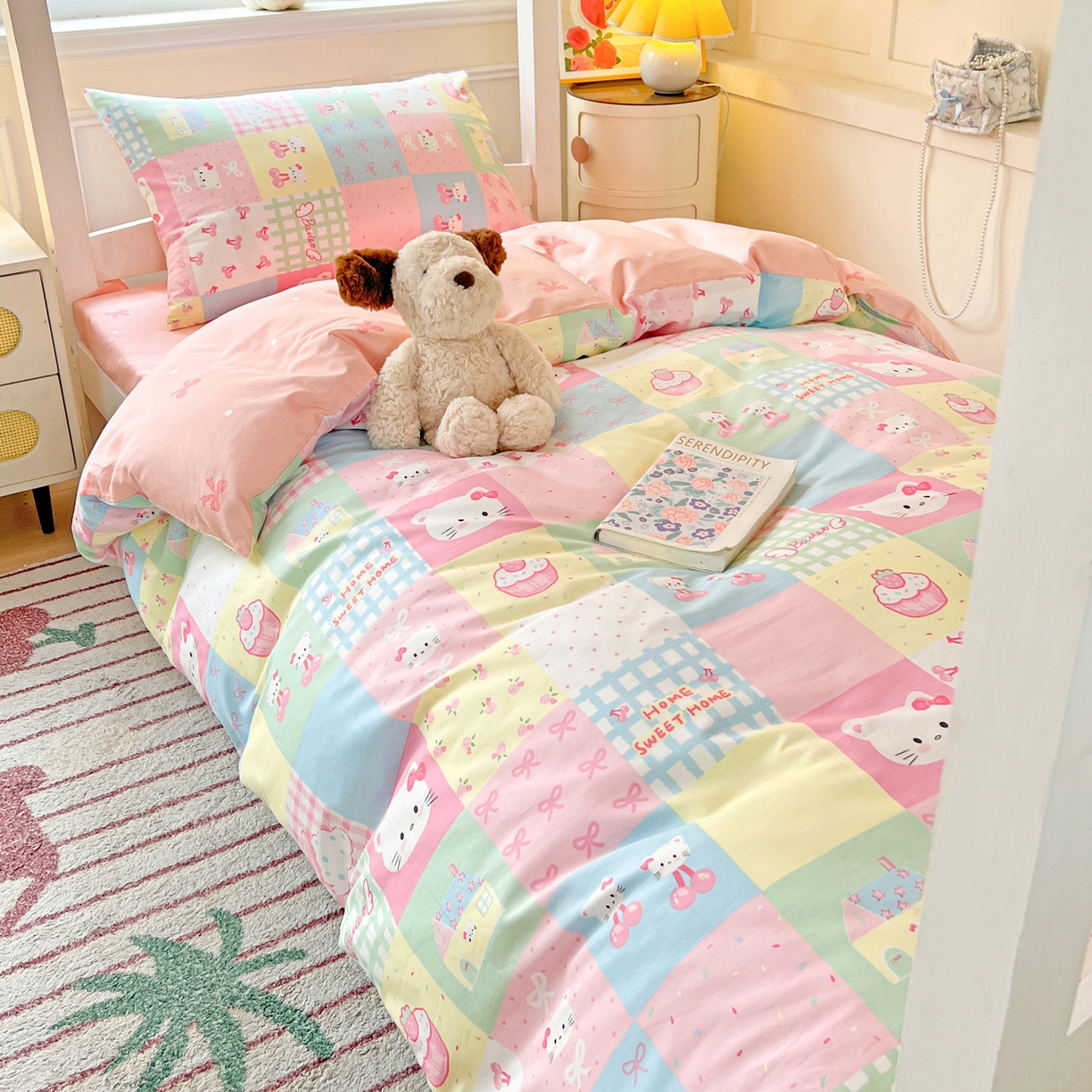 91家纺网 家纺一手货源 找家纺 西引力 2025新款全棉印花学生宿舍三件套四件套 可爱喵喵