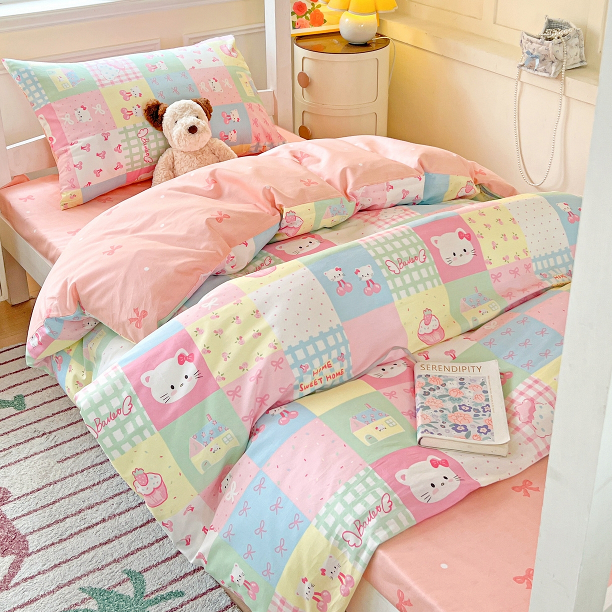 91家纺网 家纺一手货源 找家纺 西引力 2025新款全棉印花学生宿舍三件套四件套 可爱喵喵