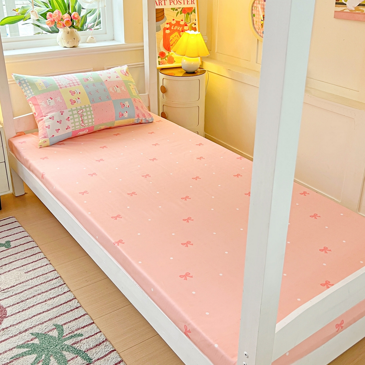 91家纺网 家纺一手货源 找家纺 西引力 2025新款全棉印花学生宿舍三件套四件套 可爱喵喵