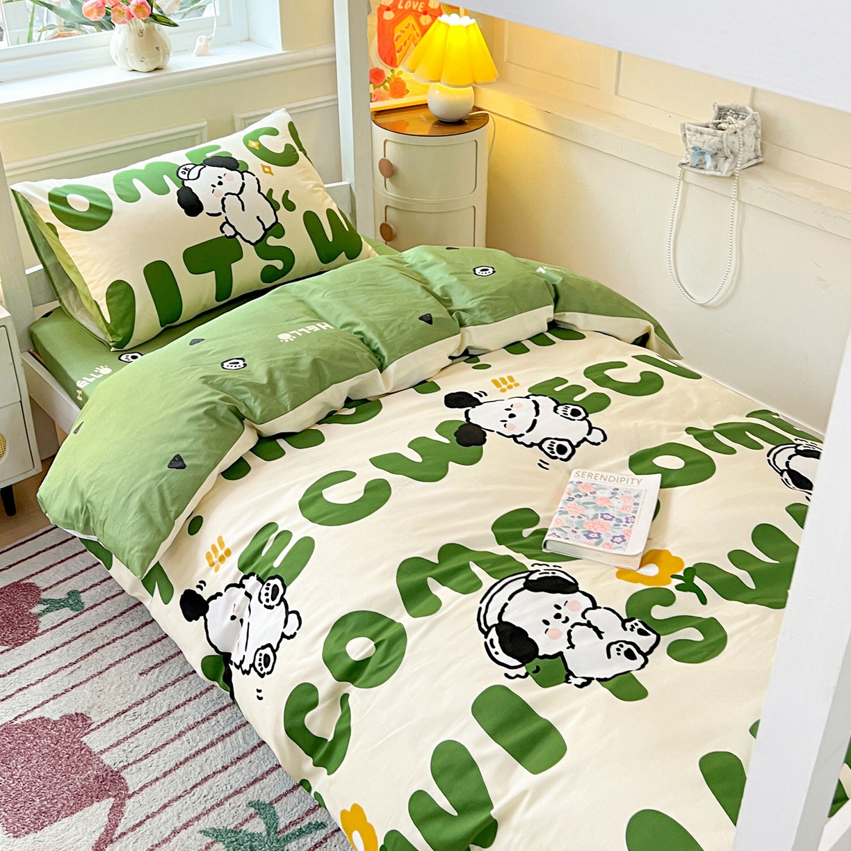 91家纺网 家纺一手货源 找家纺 西引力 2025新款全棉印花学生宿舍三件套四件套 皮皮狗