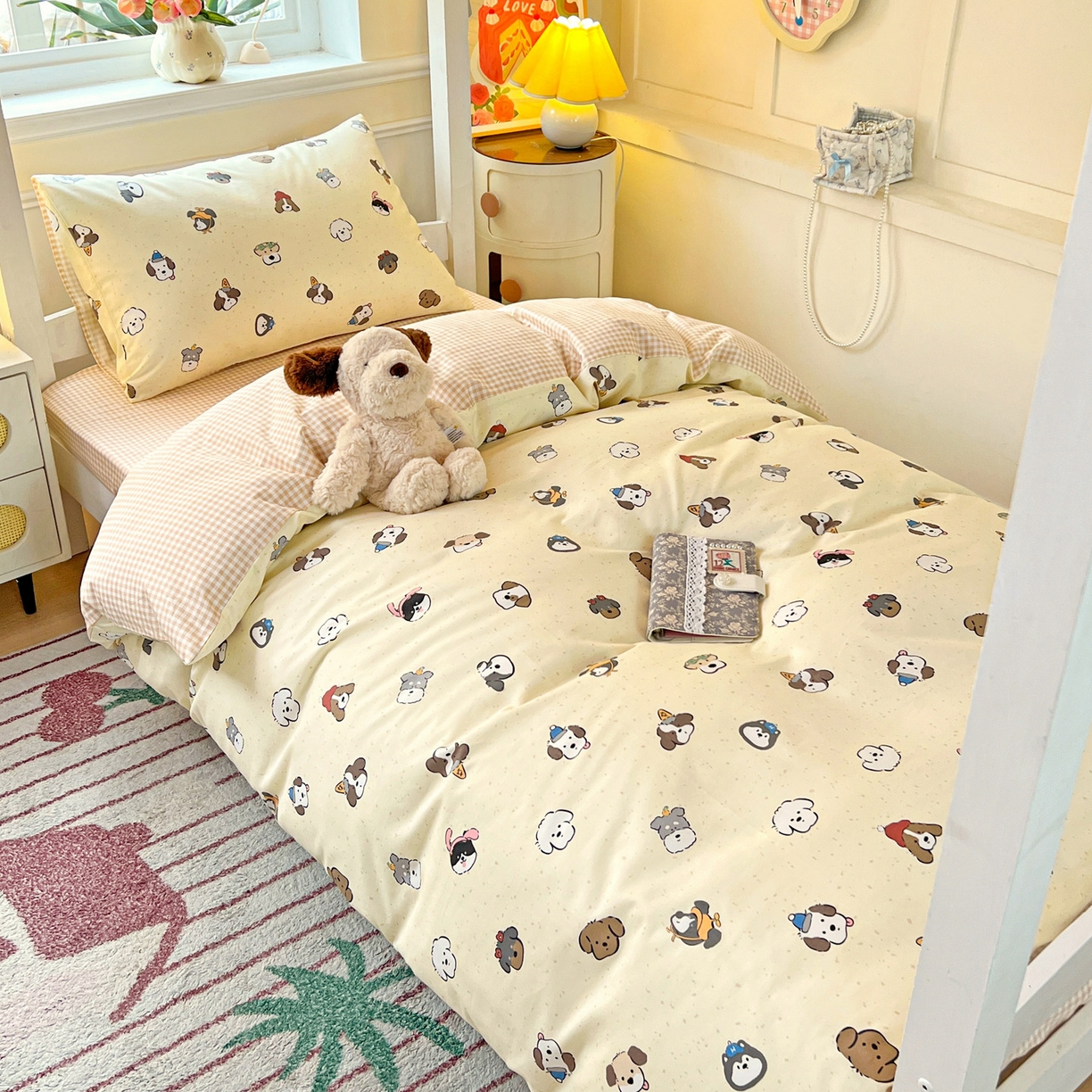 91家纺网 家纺一手货源 找家纺 西引力 2025新款全棉印花学生宿舍三件套四件套 富贵狗