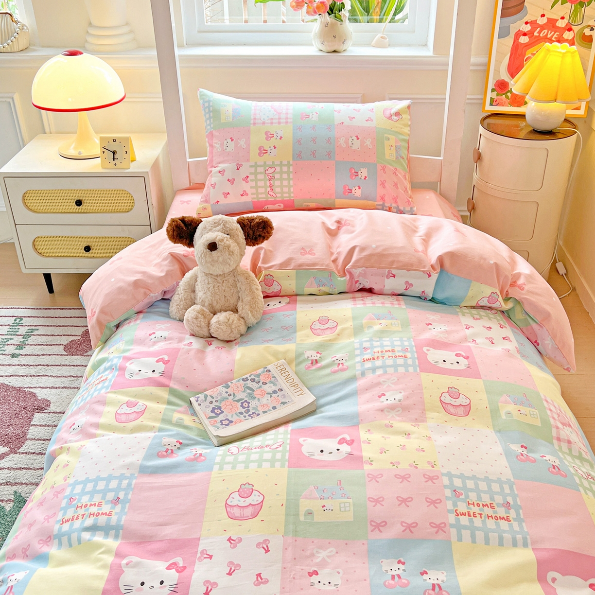 91家纺网 家纺一手货源 找家纺 西引力 2025新款全棉印花学生宿舍三件套四件套 可爱喵喵