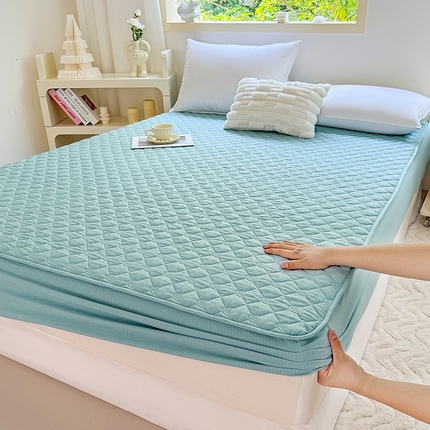 一比一家纺 2025新款皱皱纱夹棉床笠 湖蓝