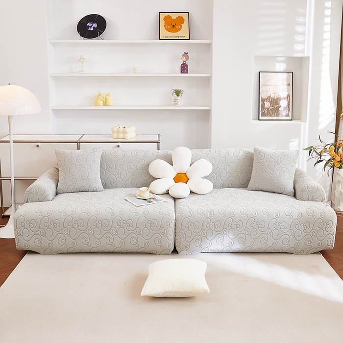 91家纺网 家纺一手货源 找家纺 丝绮鹿 2025新款雕花绒沙发套年华（直排松紧款） 浅灰