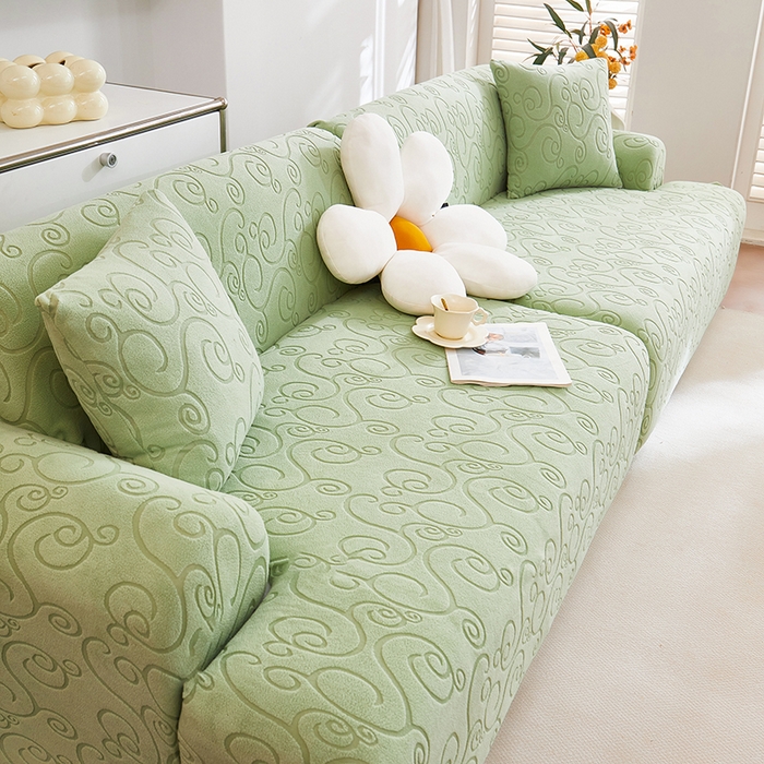 91家纺网 家纺一手货源 找家纺 丝绮鹿 2025新款雕花绒沙发套年华（直排松紧款） 草绿