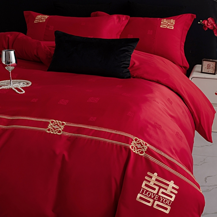 91家纺网 家纺一手货源 找家纺 卓缦家纺 2025新款提花刺绣婚庆四件套 喜悦