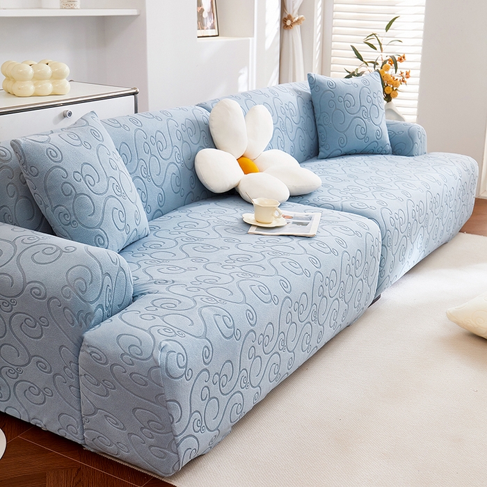 91家纺网 家纺一手货源 找家纺 丝绮鹿 2025新款雕花绒沙发套年华（直排松紧款） 淡蓝