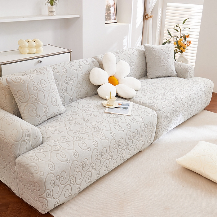 91家纺网 家纺一手货源 找家纺 丝绮鹿 2025新款雕花绒沙发套年华（直排松紧款） 浅灰