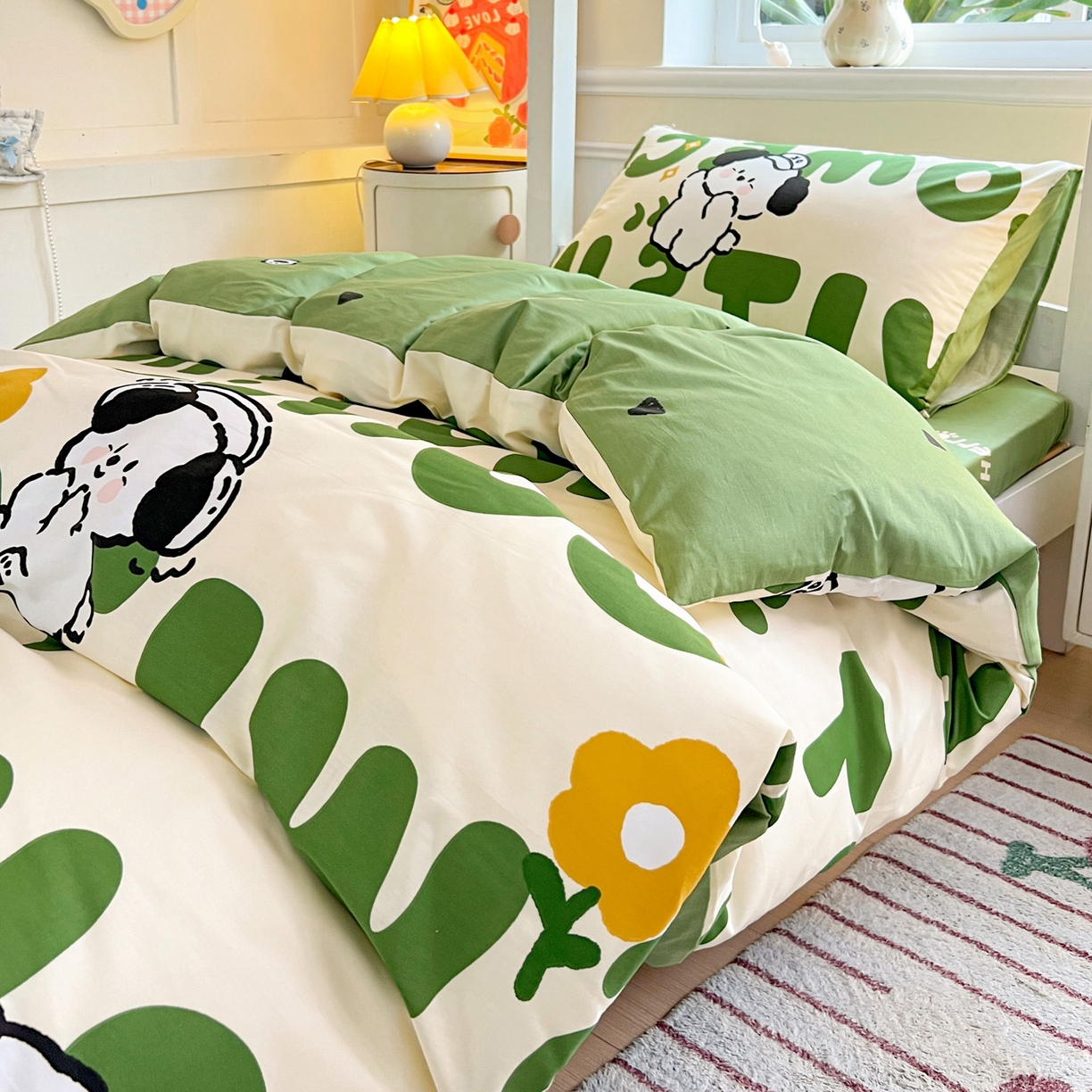 91家纺网 家纺一手货源 找家纺 西引力 2025新款全棉印花学生宿舍三件套四件套 皮皮狗