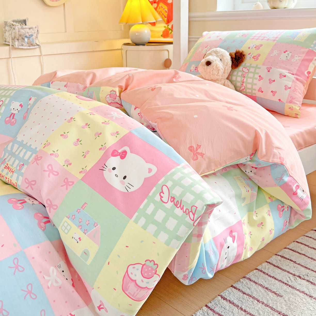 91家纺网 家纺一手货源 找家纺 西引力 2025新款全棉印花学生宿舍三件套四件套 可爱喵喵