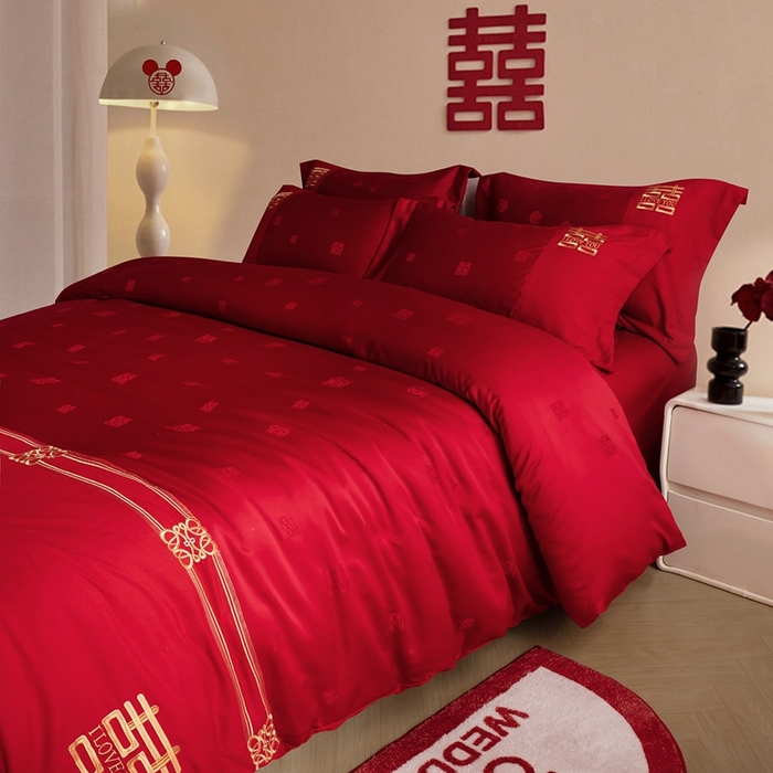 91家纺网 家纺一手货源 找家纺 卓缦家纺 2025新款提花刺绣婚庆四件套 喜悦