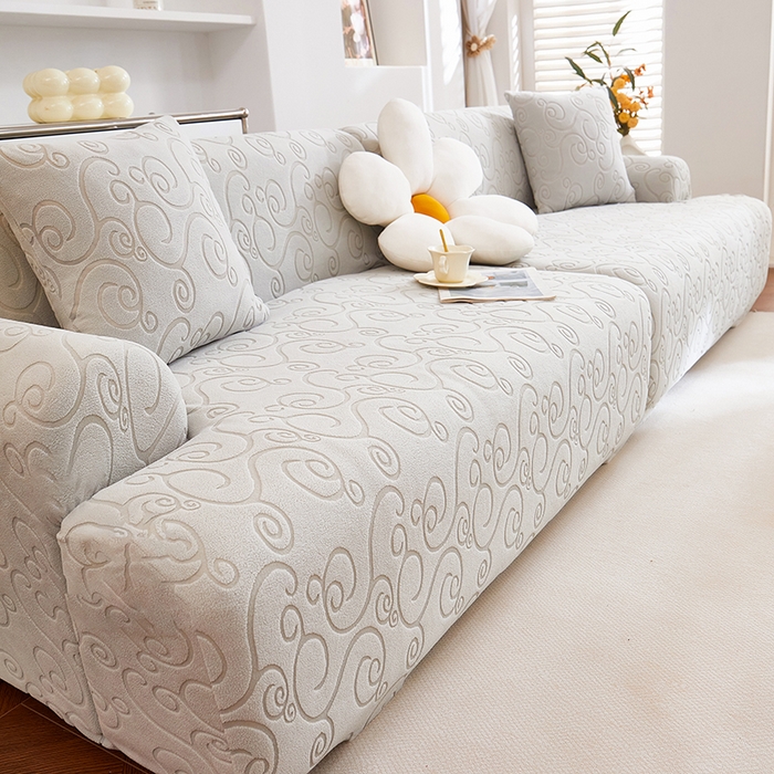 91家纺网 家纺一手货源 找家纺 丝绮鹿 2025新款雕花绒沙发套年华（直排松紧款） 浅灰