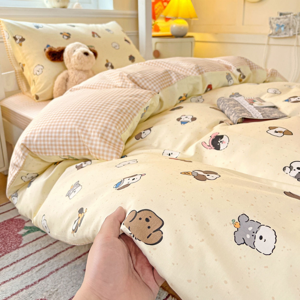 91家纺网 家纺一手货源 找家纺 西引力 2025新款全棉印花学生宿舍三件套四件套 富贵狗