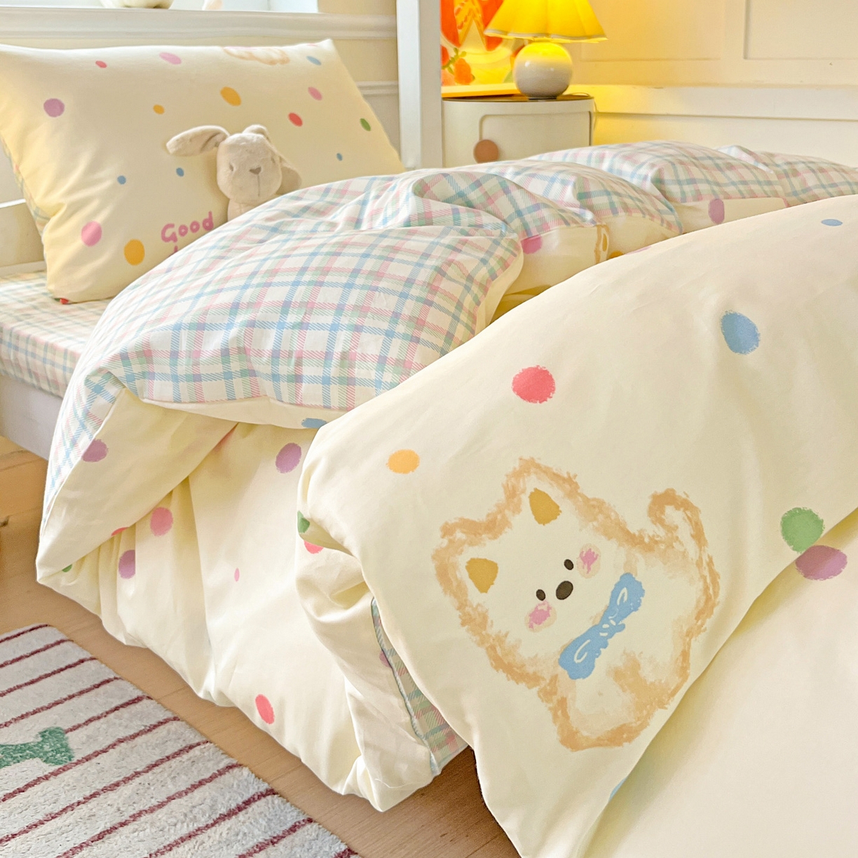 91家纺网 家纺一手货源 找家纺 西引力 2025新款全棉印花学生宿舍三件套四件套 假日小狗