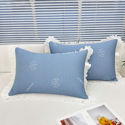 芯宜佳 2025年新款冰豆豆花边单人枕套 山茶花-湖蓝