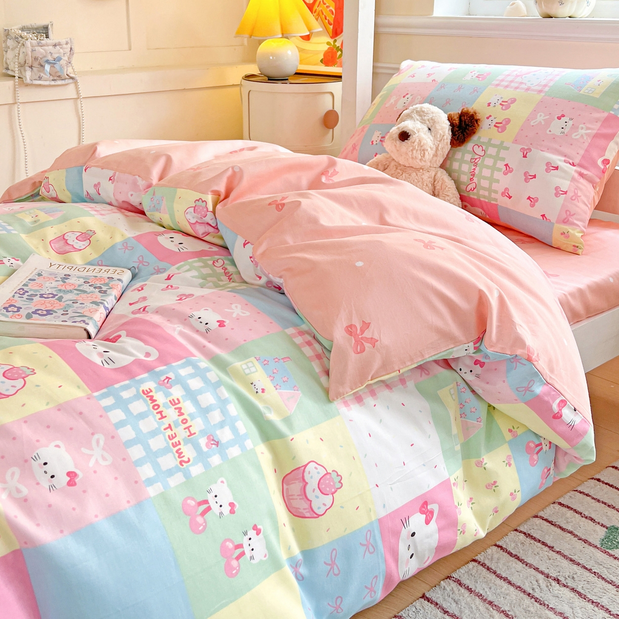 91家纺网 家纺一手货源 找家纺 西引力 2025新款全棉印花学生宿舍三件套四件套 可爱喵喵