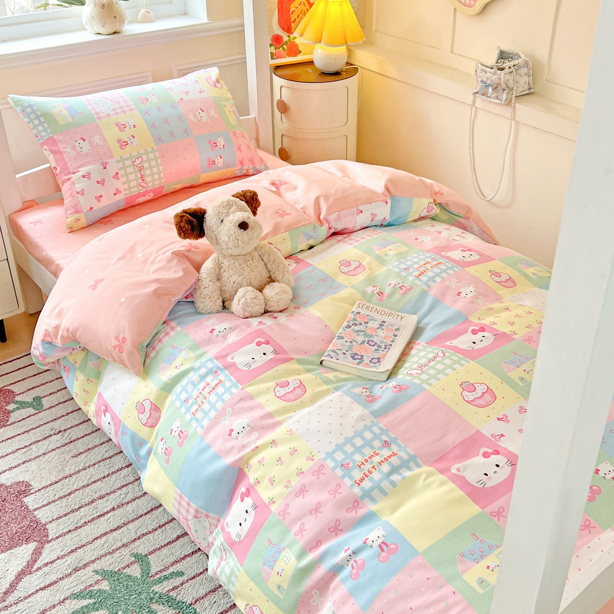 91家纺网 家纺一手货源 找家纺 西引力 2025新款全棉印花学生宿舍三件套四件套 可爱喵喵