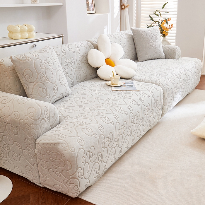 91家纺网 家纺一手货源 找家纺 丝绮鹿 2025新款雕花绒沙发套年华（直排松紧款） 浅灰