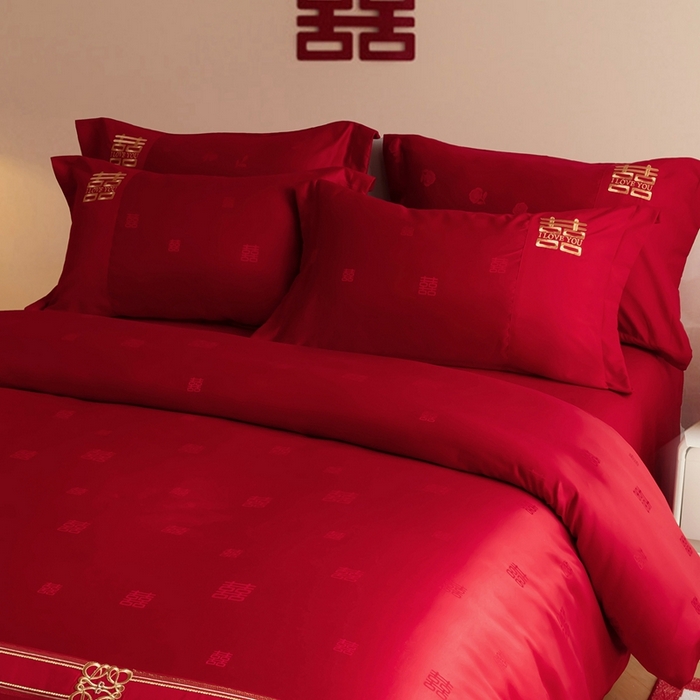 91家纺网 家纺一手货源 找家纺 卓缦家纺 2025新款提花刺绣婚庆四件套 喜悦