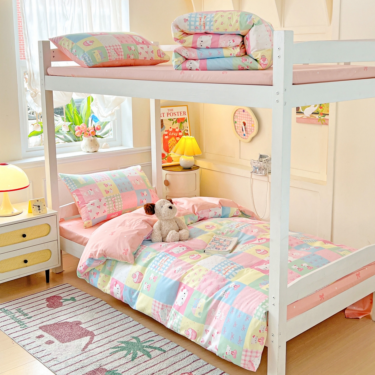 91家纺网 家纺一手货源 找家纺 西引力 2025新款全棉印花学生宿舍三件套四件套 可爱喵喵