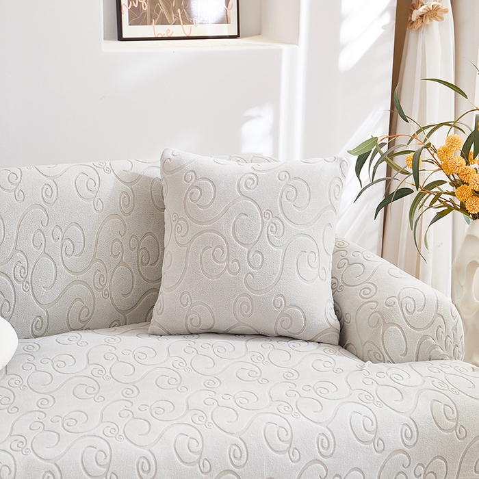 91家纺网 家纺一手货源 找家纺 丝绮鹿 2025新款雕花绒沙发套年华（直排松紧款） 浅灰