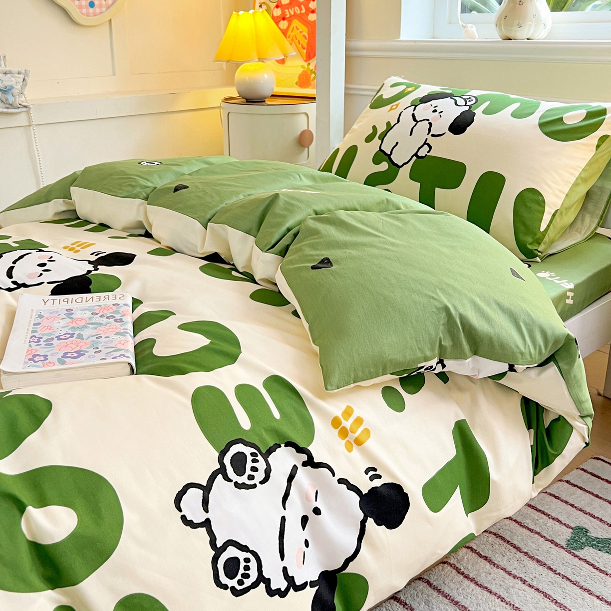 91家纺网 家纺一手货源 找家纺 西引力 2025新款全棉印花学生宿舍三件套四件套 皮皮狗