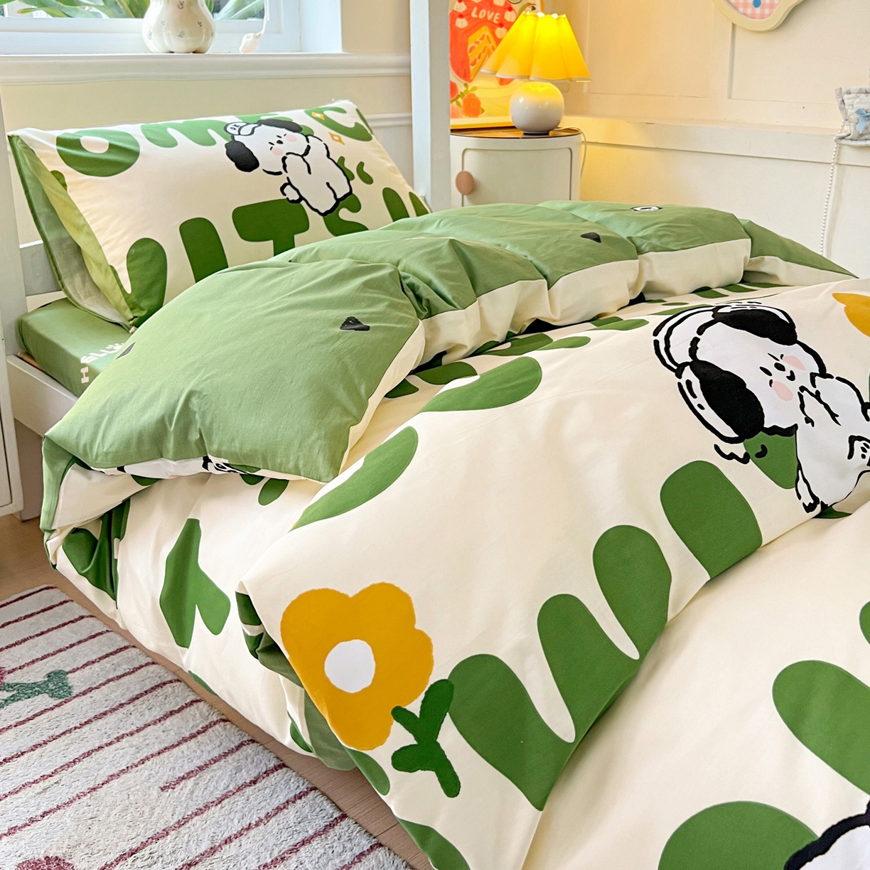 91家纺网 家纺一手货源 找家纺 西引力 2025新款全棉印花学生宿舍三件套四件套 皮皮狗