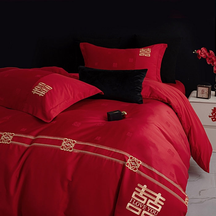 91家纺网 家纺一手货源 找家纺 卓缦家纺 2025新款提花刺绣婚庆四件套 喜悦