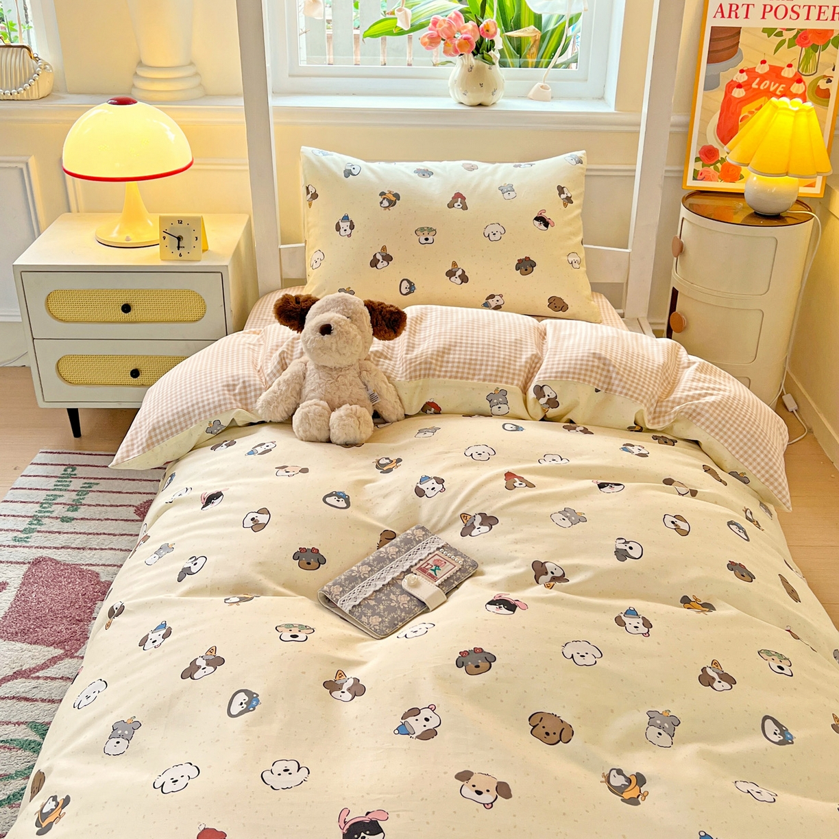 91家纺网 家纺一手货源 找家纺 西引力 2025新款全棉印花学生宿舍三件套四件套 富贵狗