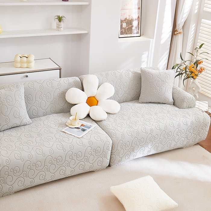 91家纺网 家纺一手货源 找家纺 丝绮鹿 2025新款雕花绒沙发套年华（直排松紧款） 浅灰