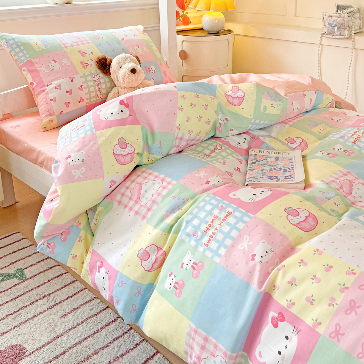 91家纺网 家纺一手货源 找家纺 西引力 2025新款全棉印花学生宿舍三件套四件套 可爱喵喵