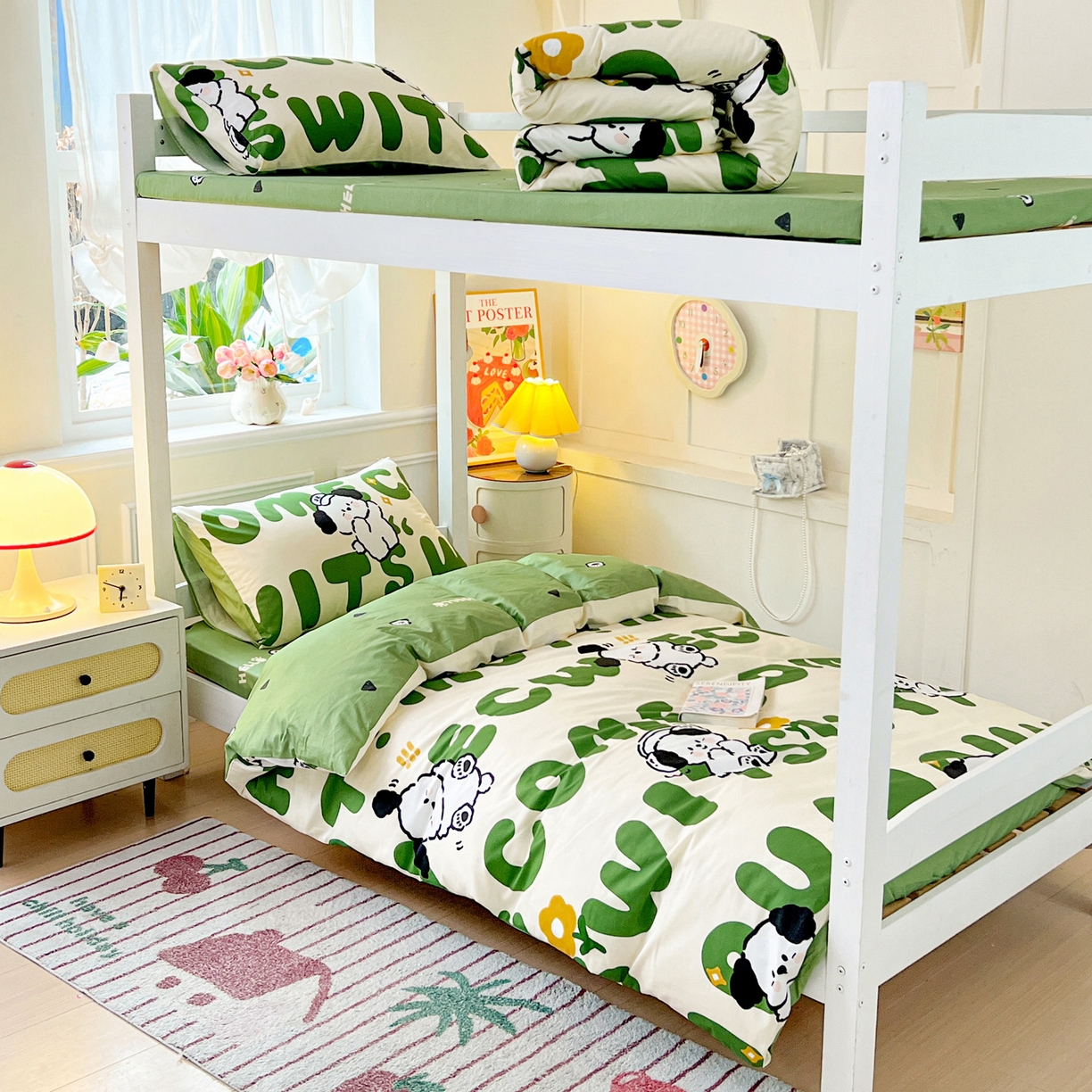 91家纺网 家纺一手货源 找家纺 西引力 2025新款全棉印花学生宿舍三件套四件套 皮皮狗