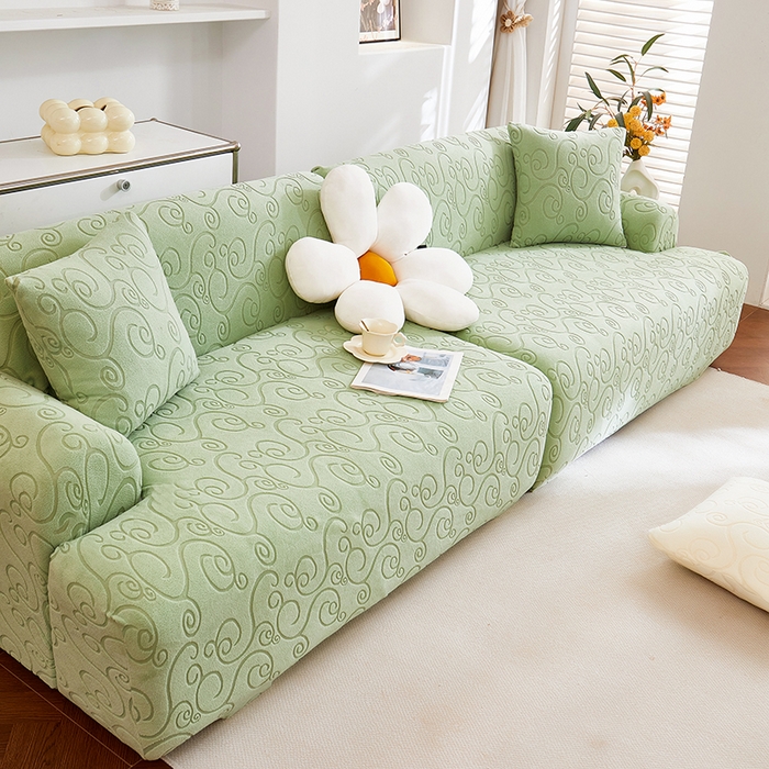 91家纺网 家纺一手货源 找家纺 丝绮鹿 2025新款雕花绒沙发套年华（直排松紧款） 草绿