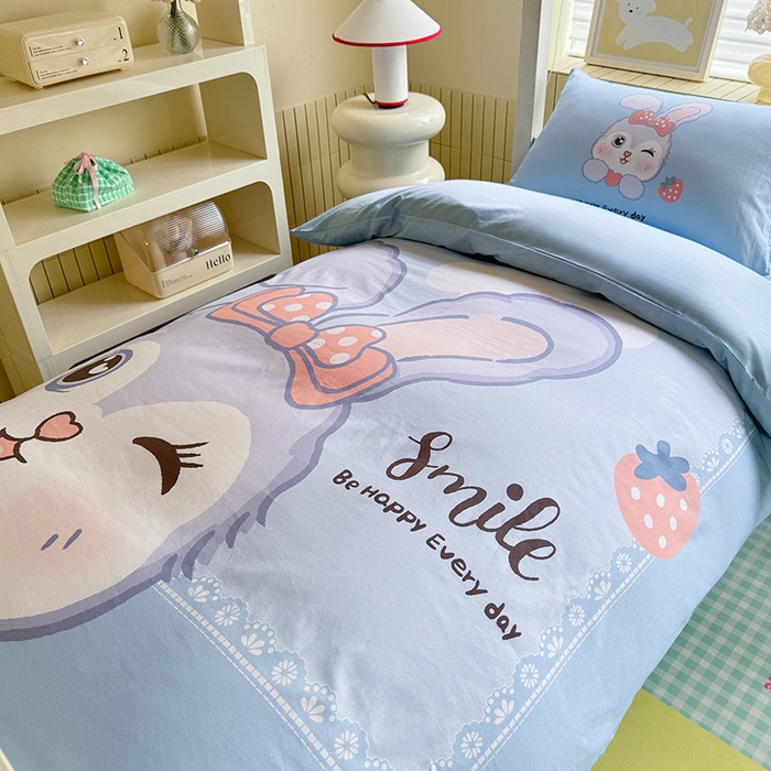 91家纺网 家纺一手货源 找家纺 新方向 2025新款全棉长绒棉纯棉数码印花卡通三件套四件套-甜美兔 甜美兔-蓝