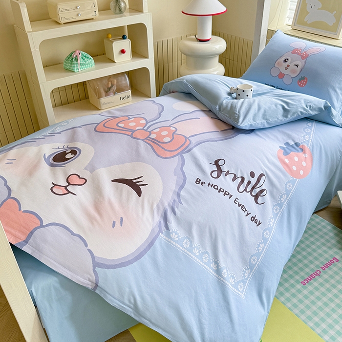 91家纺网 家纺一手货源 找家纺 新方向 2025新款全棉长绒棉纯棉数码印花卡通三件套四件套-甜美兔 甜美兔-蓝