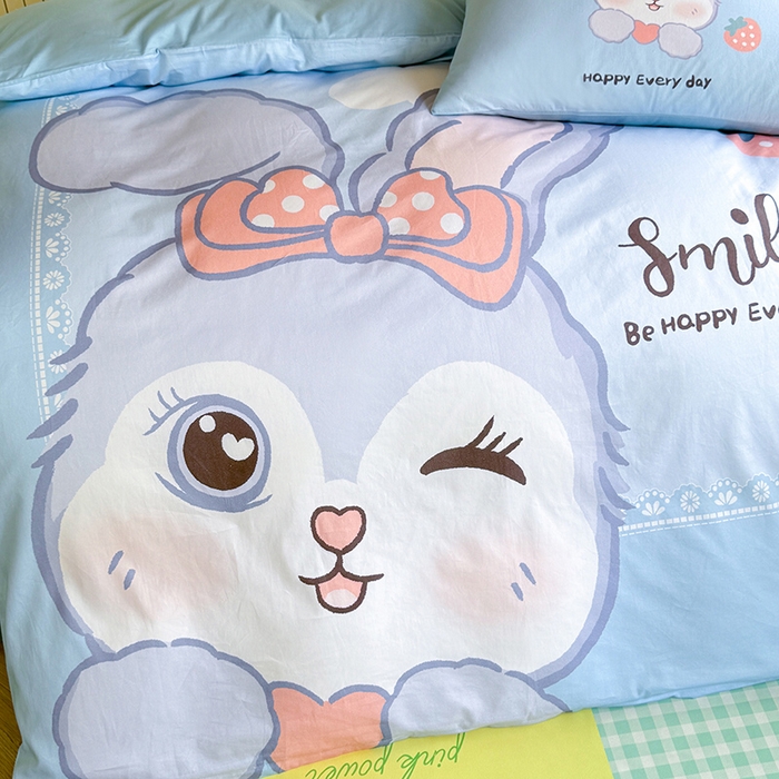 91家纺网 家纺一手货源 找家纺 新方向 2025新款全棉长绒棉纯棉数码印花卡通三件套四件套-甜美兔 甜美兔-蓝