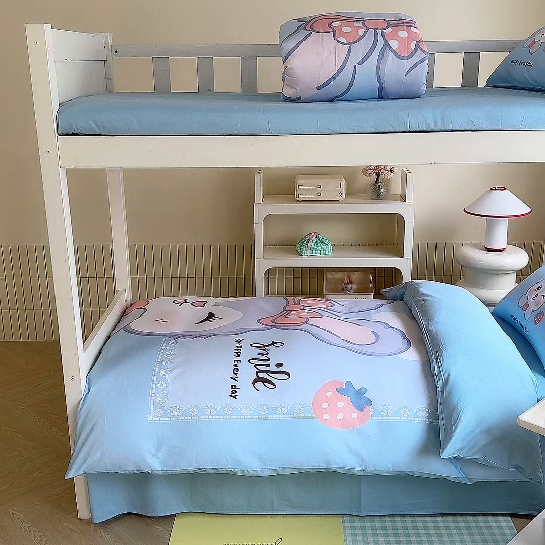 91家纺网 家纺一手货源 找家纺 新方向 2025新款全棉长绒棉纯棉数码印花卡通三件套四件套-甜美兔 甜美兔-蓝