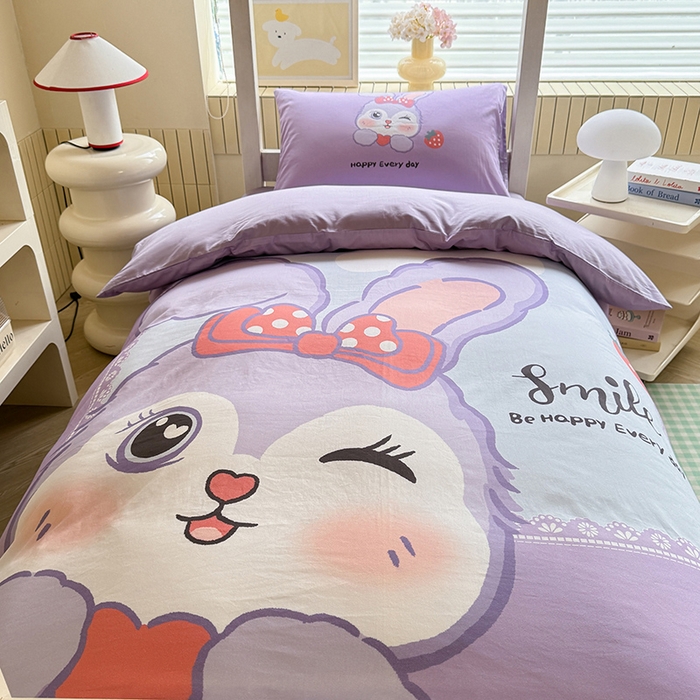 91家纺网 家纺一手货源 找家纺 新方向 2025新款全棉长绒棉纯棉数码印花卡通三件套四件套-甜美兔 甜美兔-紫