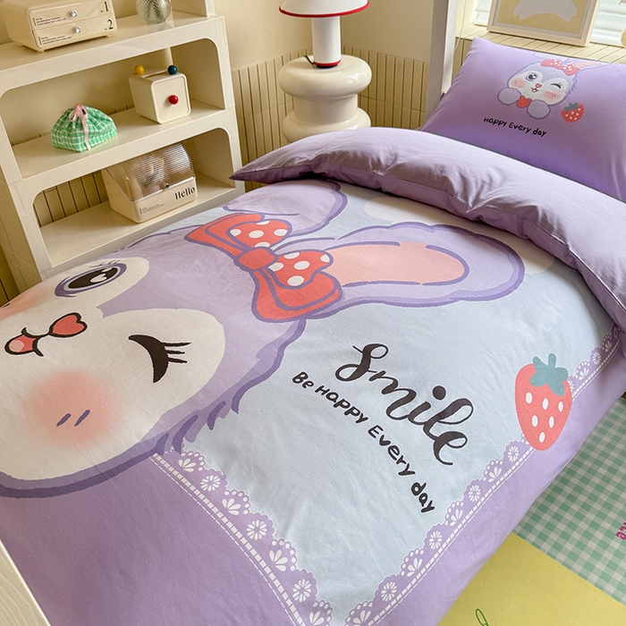 91家纺网 家纺一手货源 找家纺 新方向 2025新款全棉长绒棉纯棉数码印花卡通三件套四件套-甜美兔 甜美兔-紫