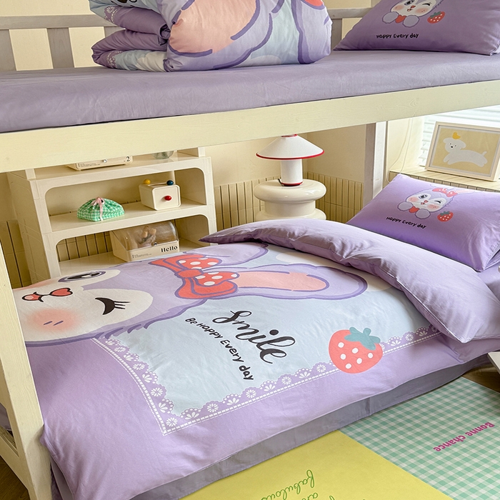 91家纺网 家纺一手货源 找家纺 新方向 2025新款全棉长绒棉纯棉数码印花卡通三件套四件套-甜美兔 甜美兔-紫