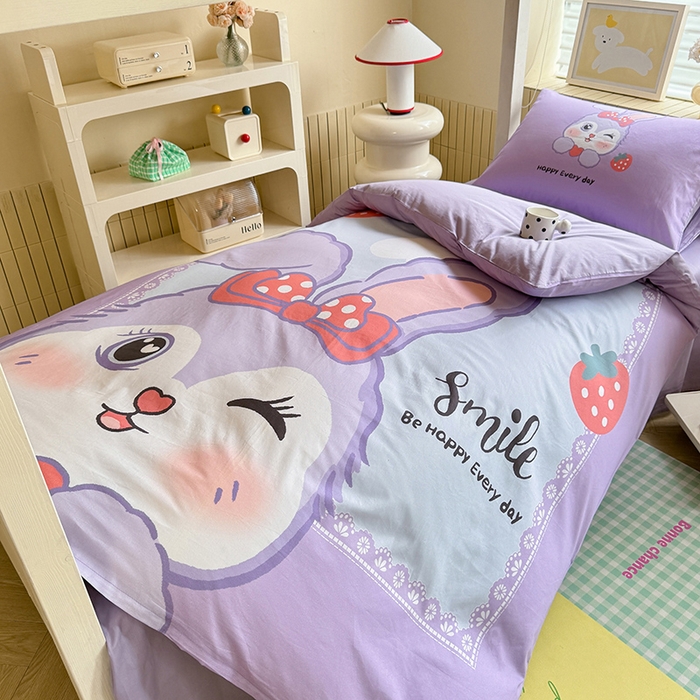 91家纺网 家纺一手货源 找家纺 新方向 2025新款全棉长绒棉纯棉数码印花卡通三件套四件套-甜美兔 甜美兔-紫