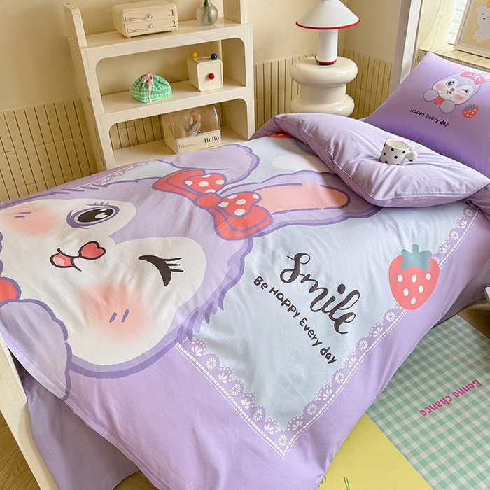 91家纺网 家纺一手货源 找家纺 新方向 2025新款全棉长绒棉纯棉数码印花卡通三件套四件套-甜美兔 甜美兔-紫