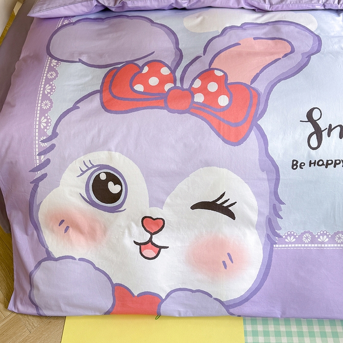 91家纺网 家纺一手货源 找家纺 新方向 2025新款全棉长绒棉纯棉数码印花卡通三件套四件套-甜美兔 甜美兔-紫