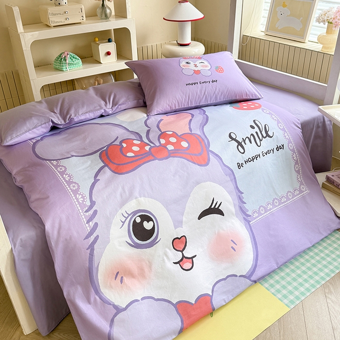 91家纺网 家纺一手货源 找家纺 新方向 2025新款全棉长绒棉纯棉数码印花卡通三件套四件套-甜美兔 甜美兔-紫