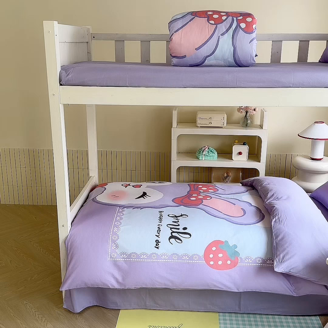 91家纺网 家纺一手货源 找家纺 新方向 2025新款全棉长绒棉纯棉数码印花卡通三件套四件套-甜美兔 甜美兔-紫