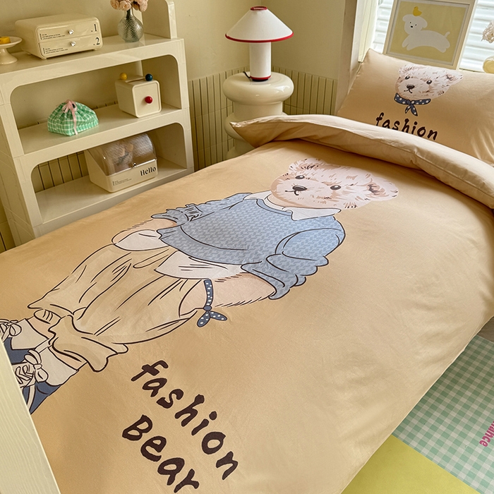 91家纺网 家纺一手货源 找家纺 新方向 2025新款全棉长绒棉纯棉数码印花卡通三件套四件套-小熊比尔 小熊比尔-香槟