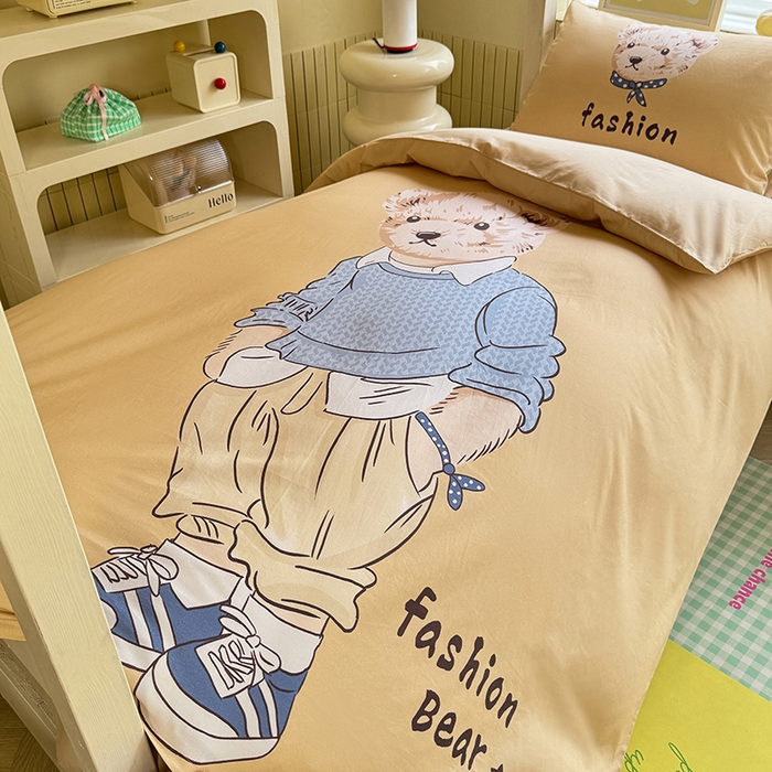 91家纺网 家纺一手货源 找家纺 新方向 2025新款全棉长绒棉纯棉数码印花卡通三件套四件套-小熊比尔 小熊比尔-香槟