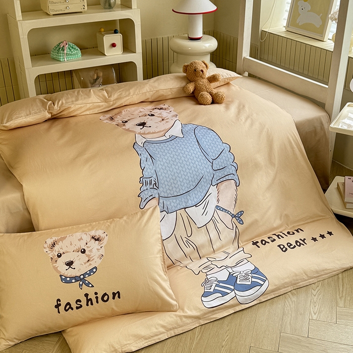 91家纺网 家纺一手货源 找家纺 新方向 2025新款全棉长绒棉纯棉数码印花卡通三件套四件套-小熊比尔 小熊比尔-香槟