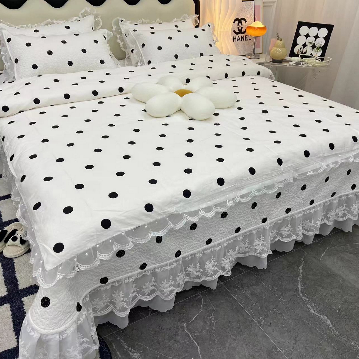 91家纺网 家纺一手货源 找家纺 （总）禧瑞谷 2025新款双层花边纯棉床盖雪纺蕾丝款纯棉床盖四件套